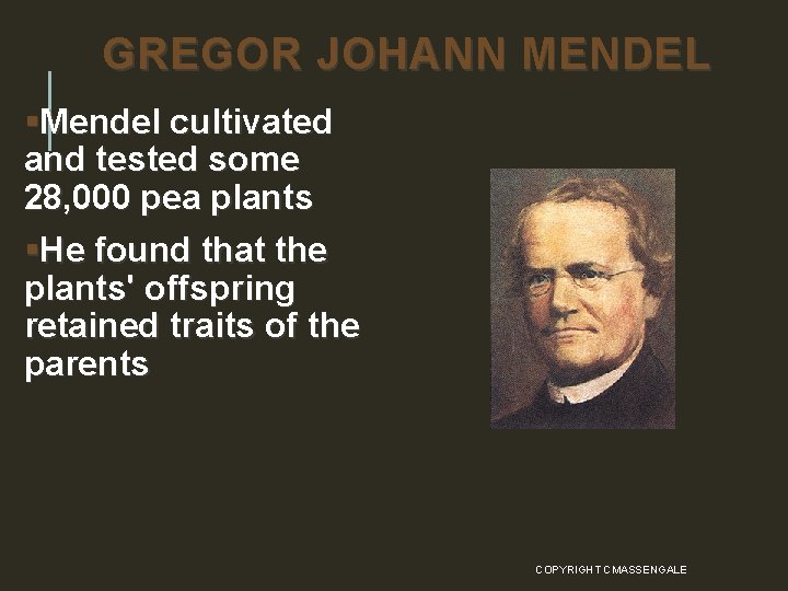 GREGOR JOHANN MENDEL §Mendel cultivated and tested some 28, 000 pea plants §He found