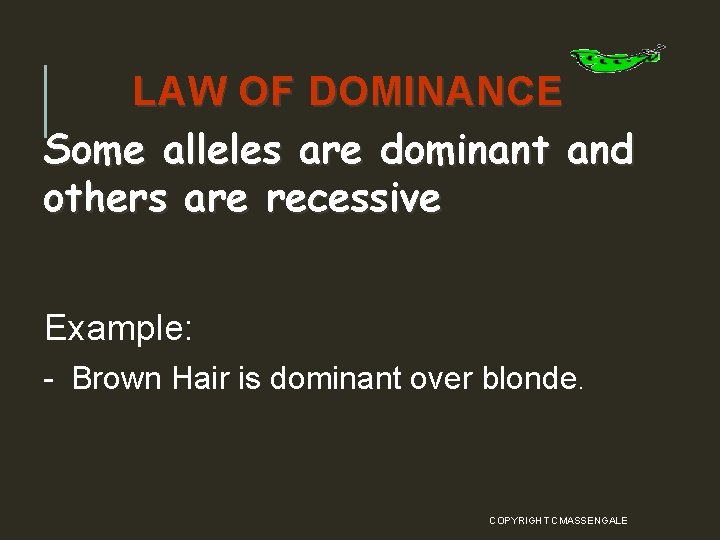 LAW OF DOMINANCE Some alleles are dominant and others are recessive Example: - Brown