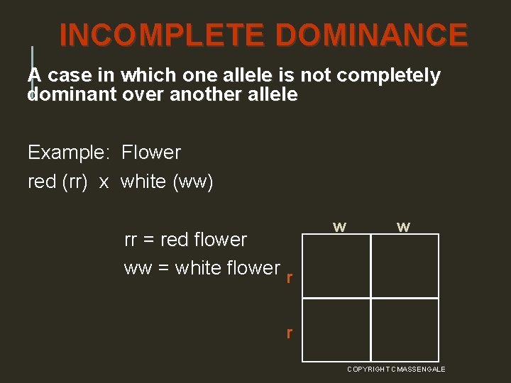 INCOMPLETE DOMINANCE A case in which one allele is not completely dominant over another