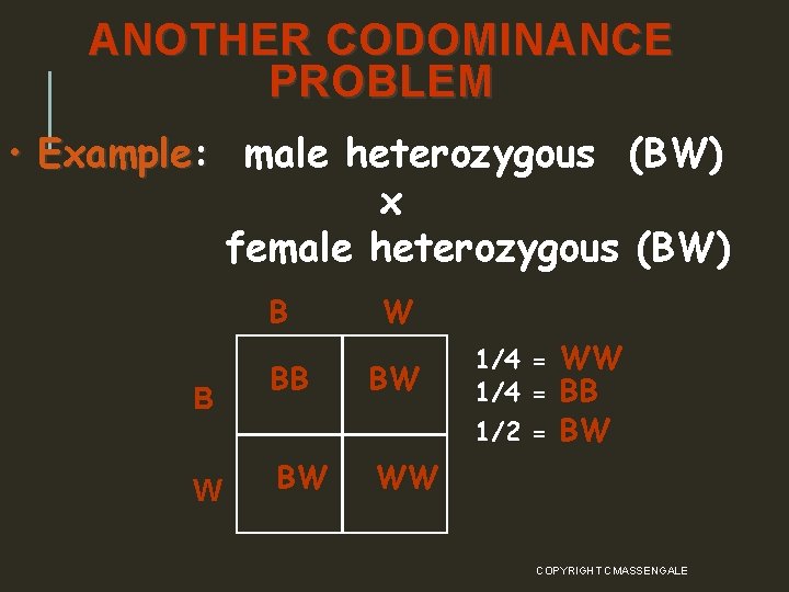 ANOTHER CODOMINANCE PROBLEM • Example: male heterozygous (BW) x female heterozygous (BW) B B