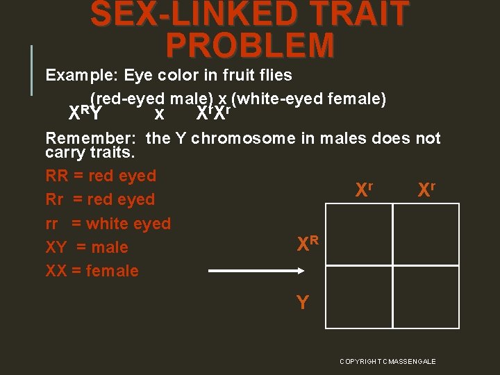 SEX-LINKED TRAIT PROBLEM Example: Eye color in fruit flies (red-eyed male) x (white-eyed female)