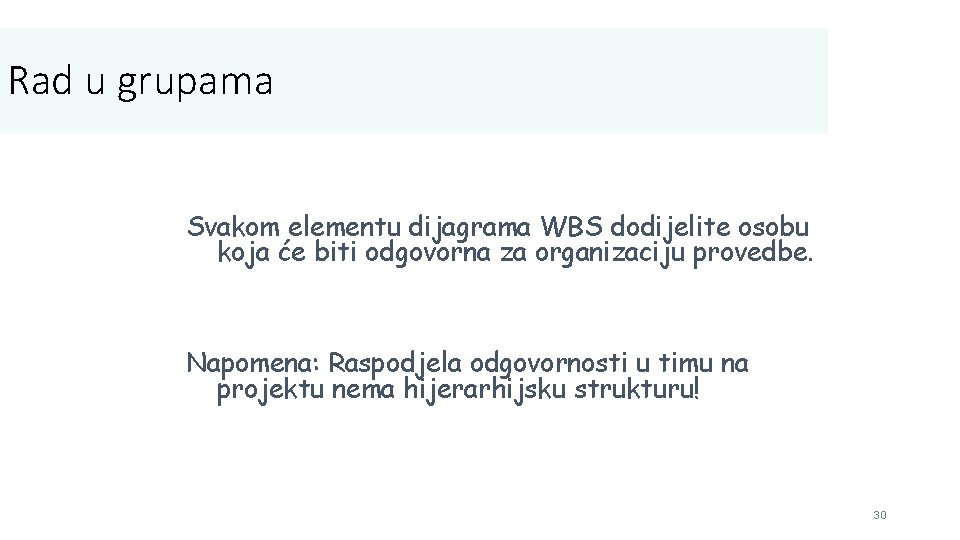 Rad u grupama Svakom elementu dijagrama WBS dodijelite osobu koja će biti odgovorna za