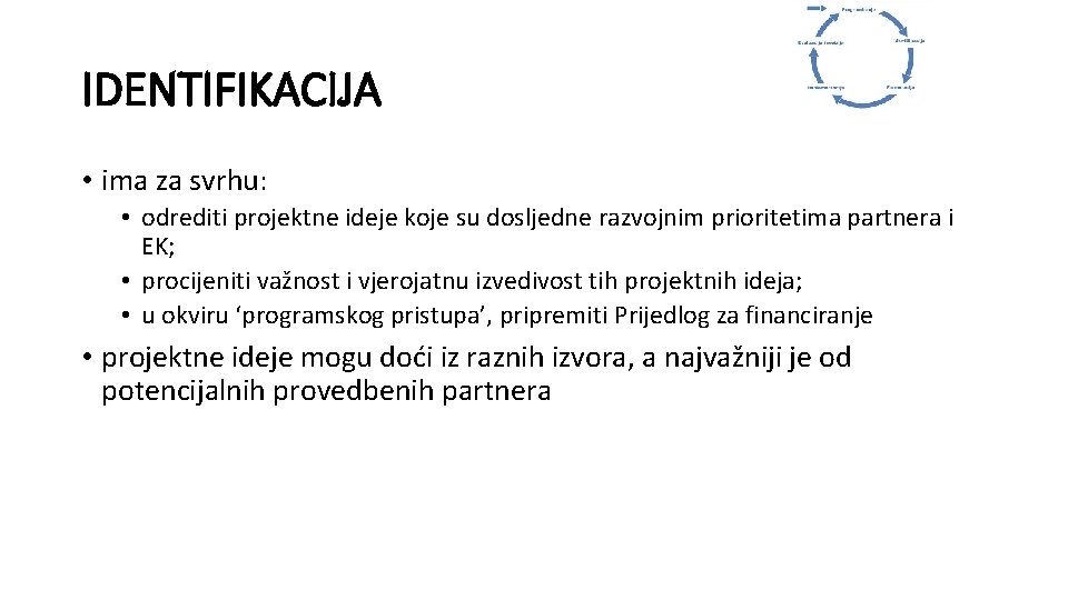 IDENTIFIKACIJA • ima za svrhu: • odrediti projektne ideje koje su dosljedne razvojnim prioritetima
