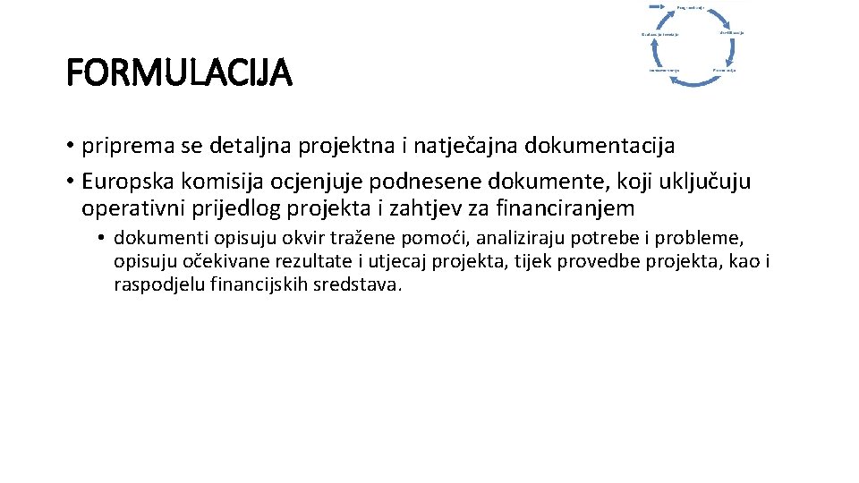 FORMULACIJA • priprema se detaljna projektna i natječajna dokumentacija • Europska komisija ocjenjuje podnesene