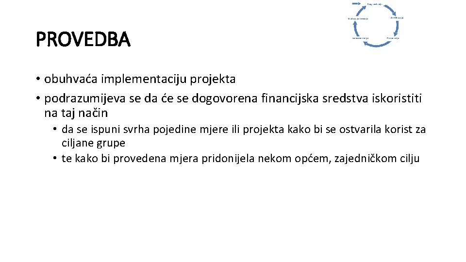 PROVEDBA • obuhvaća implementaciju projekta • podrazumijeva se da će se dogovorena financijska sredstva