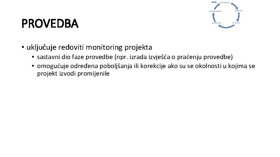 PROVEDBA • uključuje redoviti monitoring projekta • sastavni dio faze provedbe (npr. izrada izvješća