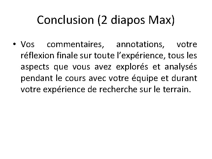 Conclusion (2 diapos Max) • Vos commentaires, annotations, votre réflexion finale sur toute l’expérience,