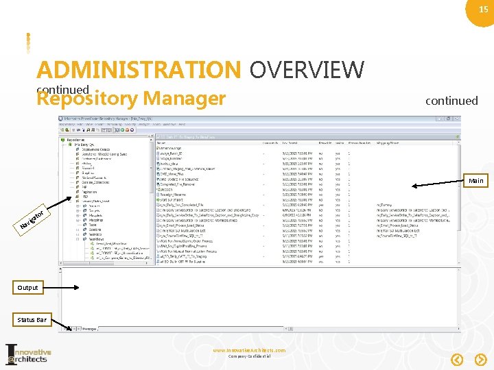 15 ADMINISTRATION OVERVIEW continued Repository Manager continued Main ato vig r Na Output Status