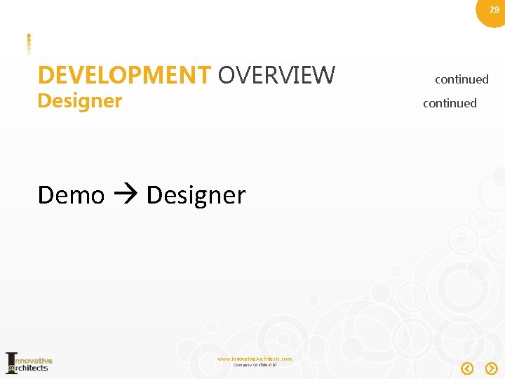 29 DEVELOPMENT OVERVIEW Designer continued Demo Designer www. Innovative. Architects. com Company Confidential 