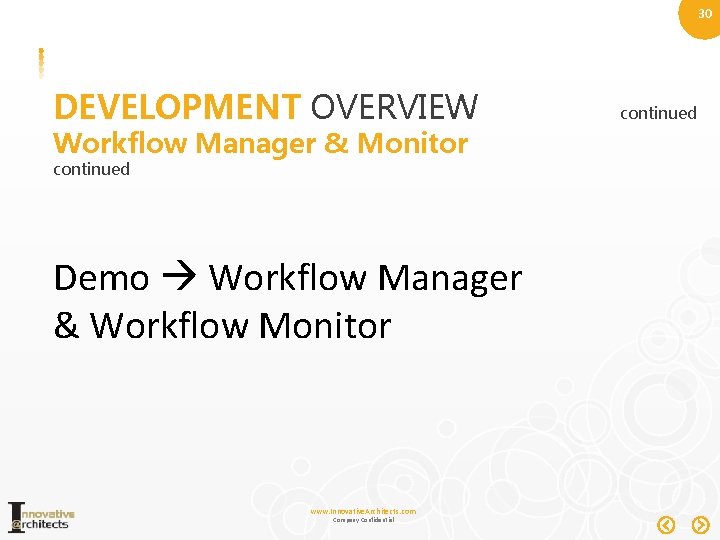 30 DEVELOPMENT OVERVIEW Workflow Manager & Monitor continued Demo Workflow Manager & Workflow Monitor