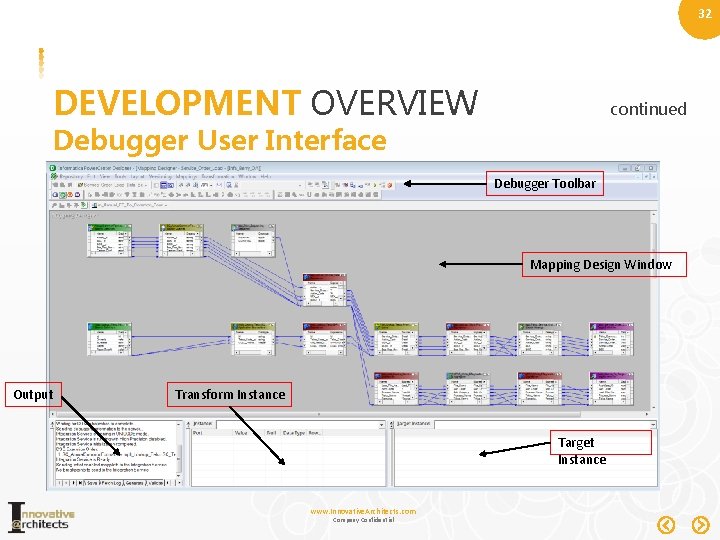 32 DEVELOPMENT OVERVIEW continued Debugger User Interface Debugger Toolbar Mapping Design Window Output Transform