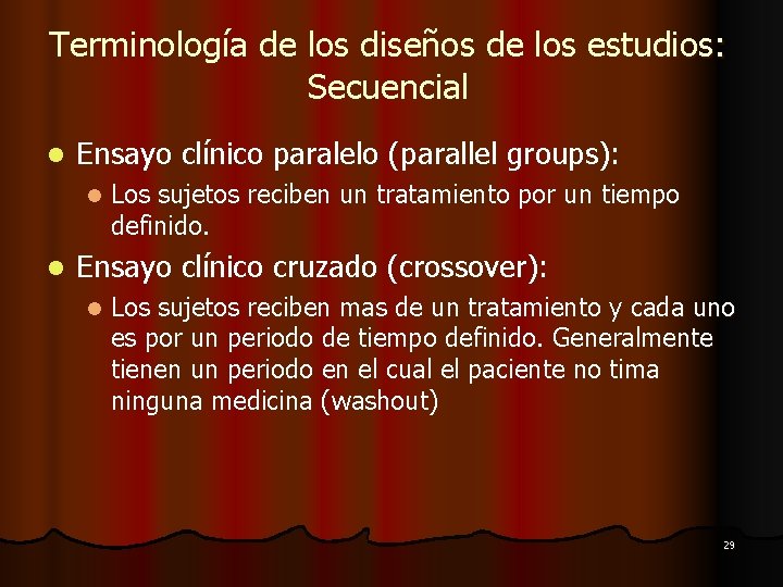 Terminología de los diseños de los estudios: Secuencial l Ensayo clínico paralelo (parallel groups):