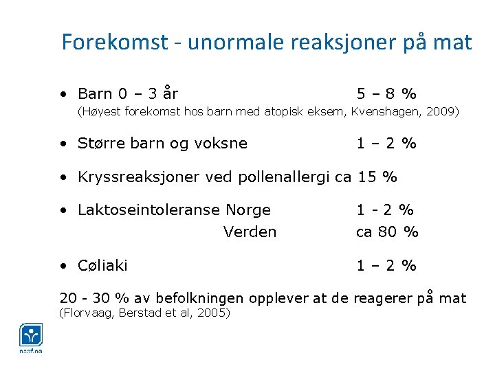 Forekomst - unormale reaksjoner på mat • Barn 0 – 3 år 5– 8%