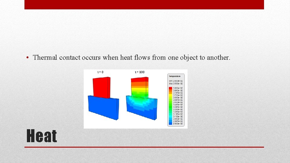  • Thermal contact occurs when heat flows from one object to another. Heat