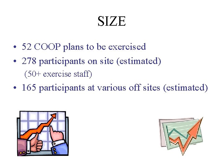 SIZE • 52 COOP plans to be exercised • 278 participants on site (estimated)