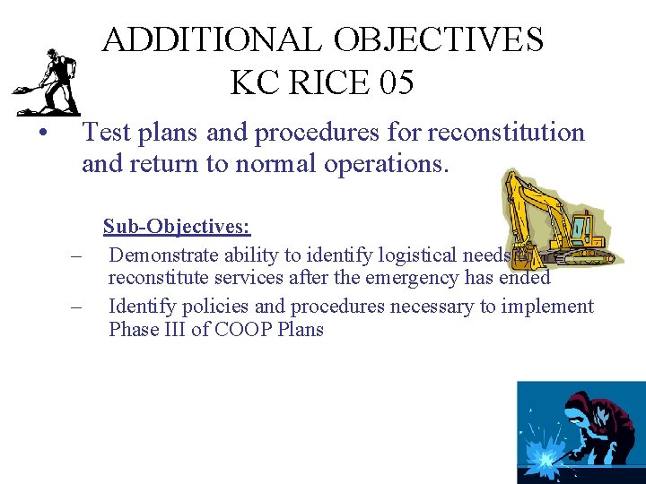 ADDITIONAL OBJECTIVES KC RICE 05 • Test plans and procedures for reconstitution and return