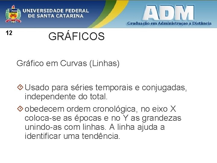 12 GRÁFICOS Gráfico em Curvas (Linhas) Usado para séries temporais e conjugadas, independente do