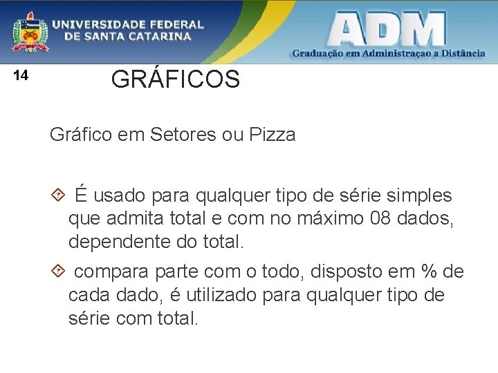 14 GRÁFICOS Gráfico em Setores ou Pizza É usado para qualquer tipo de série