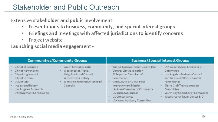 Stakeholder and Public Outreach Extensive stakeholder and public involvement: • Presentations to business, community,