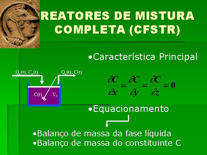 REATORES DE MISTURA COMPLETA (CFSTR) • Característica Principal Qe(t), Ce(t) C(t) Qs(t), C(t) V