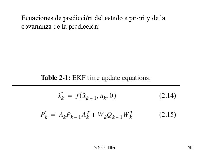 Ecuaciones de predicción del estado a priori y de la covarianza de la predicción: