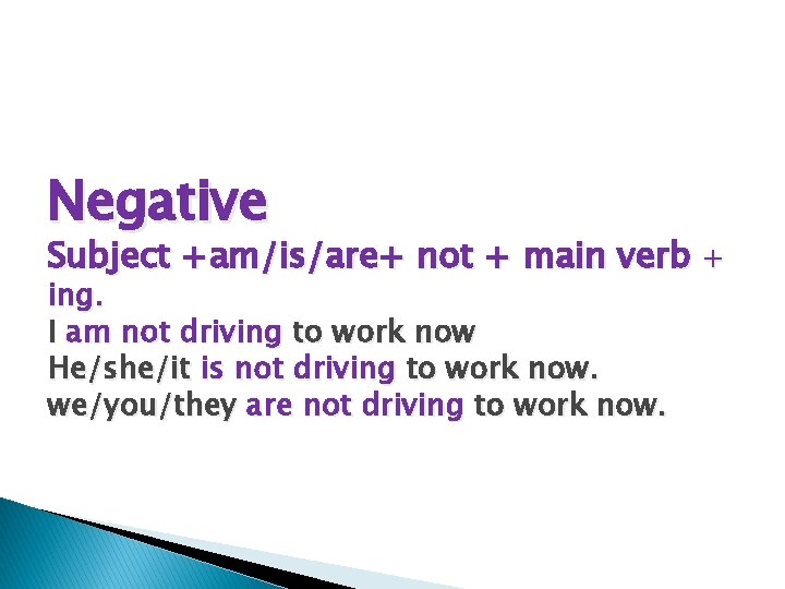 Negative Subject +am/is/are+ not + main verb + ing. I am not driving to