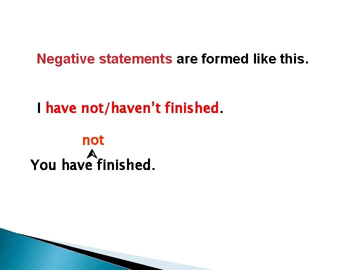 Negative statements are formed like this. I have not/haven’t finished. not You have finished.