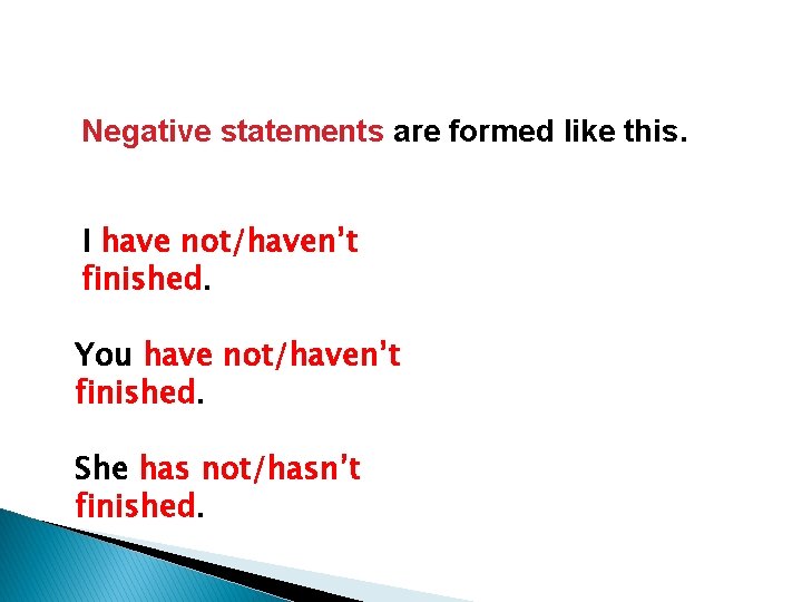 Negative statements are formed like this. I have not/haven’t finished. You have not/haven’t finished.