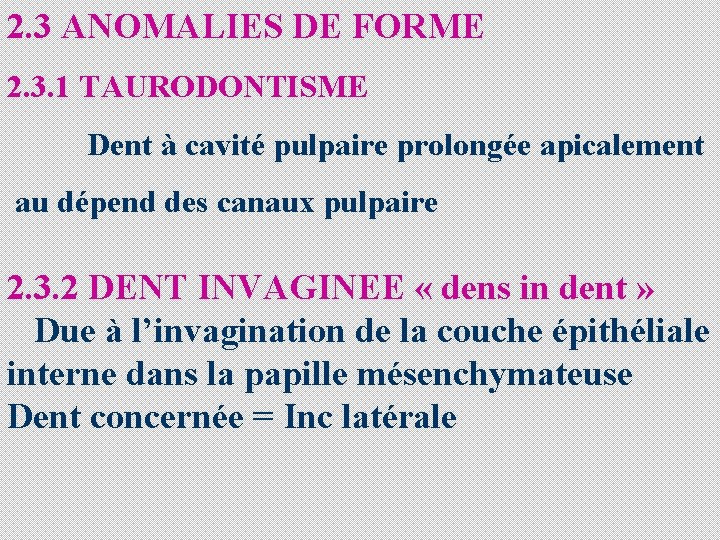 2. 3 ANOMALIES DE FORME 2. 3. 1 TAURODONTISME Dent à cavité pulpaire prolongée