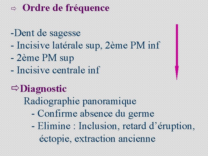 ð Ordre de fréquence -Dent de sagesse - Incisive latérale sup, 2ème PM inf