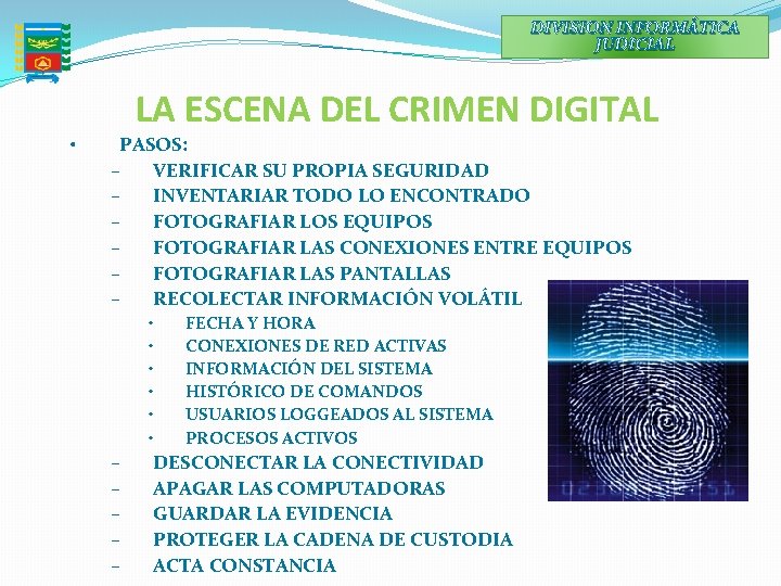 DIVISION INFORMÁTICA JUDICIAL • LA ESCENA DEL CRIMEN DIGITAL PASOS: – VERIFICAR SU PROPIA