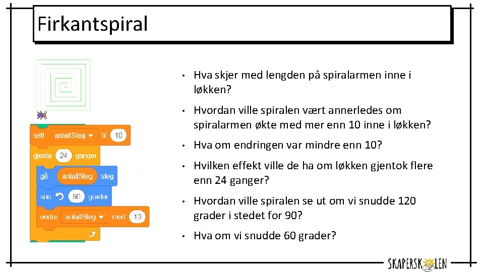 Firkantspiral • Hva skjer med lengden på spiralarmen inne i løkken? • Hvordan ville