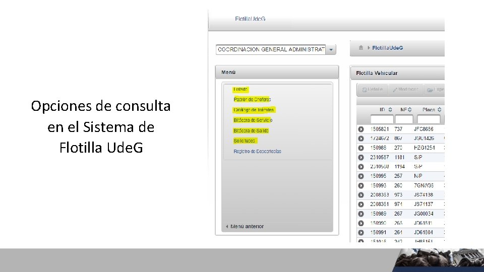 Opciones de consulta en el Sistema de Flotilla Ude. G Opciones de consulta en el Sistema de Flotilla Ude. G