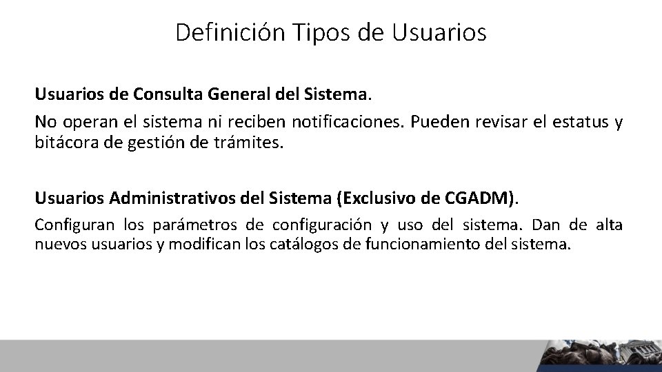 Definición Tipos de Usuarios de Consulta General del Sistema. No operan el sistema ni