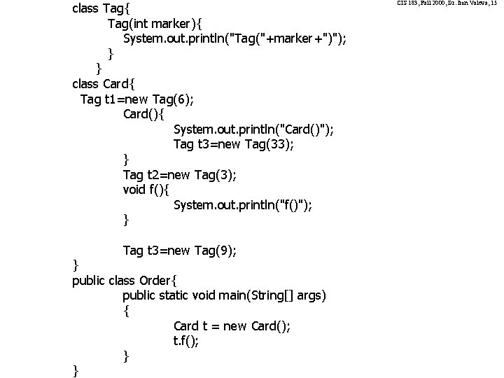 class Tag{ Tag(int marker){ System. out. println("Tag("+marker+")"); } } class Card{ Tag t 1=new