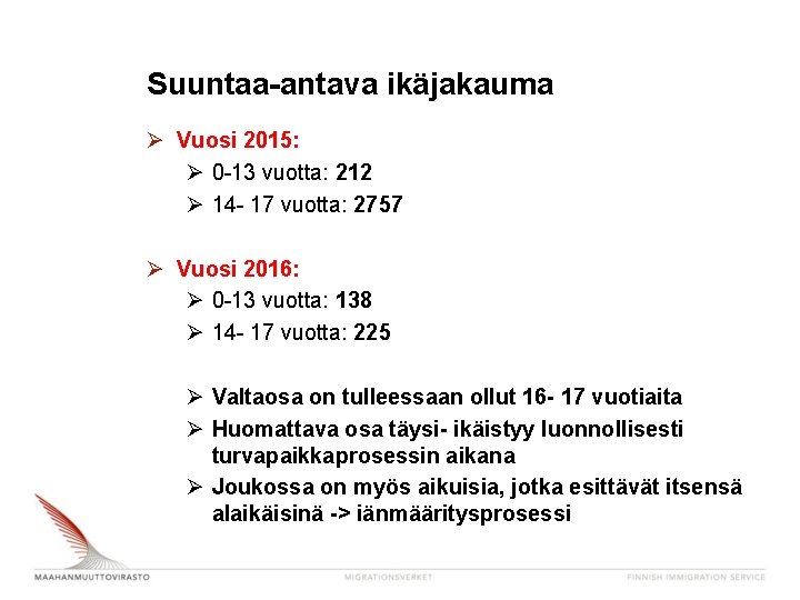 Suuntaa-antava ikäjakauma Ø Vuosi 2015: Ø 0 -13 vuotta: 212 Ø 14 - 17