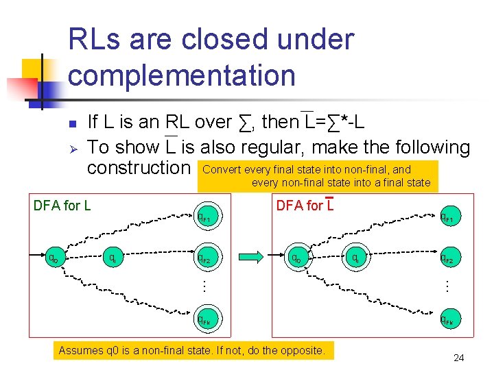 RLs are closed under complementation n Ø If L is an RL over ∑,