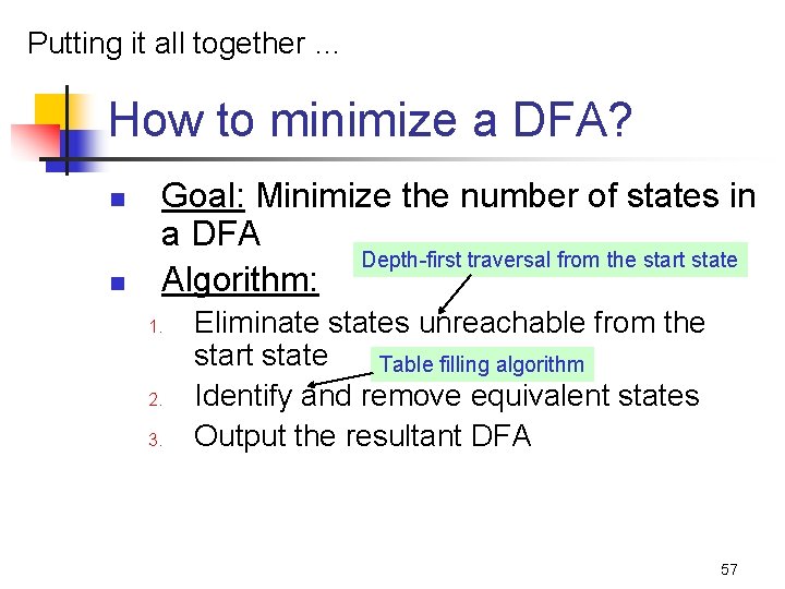 Putting it all together … How to minimize a DFA? n n Goal: Minimize