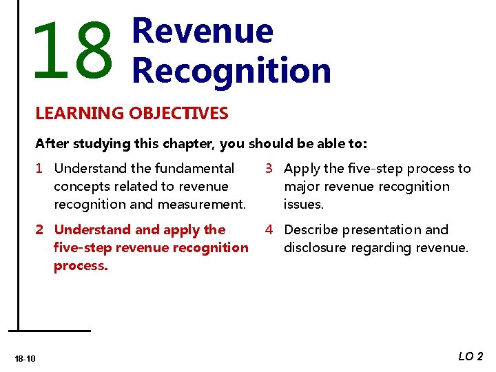 18 Revenue Recognition LEARNING OBJECTIVES After studying this chapter, you should be able to: