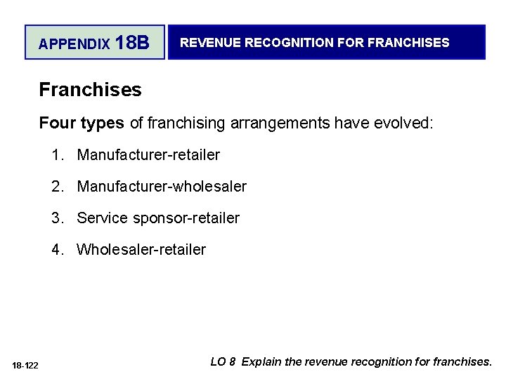 APPENDIX 18 B REVENUE RECOGNITION FOR FRANCHISES Franchises Four types of franchising arrangements have