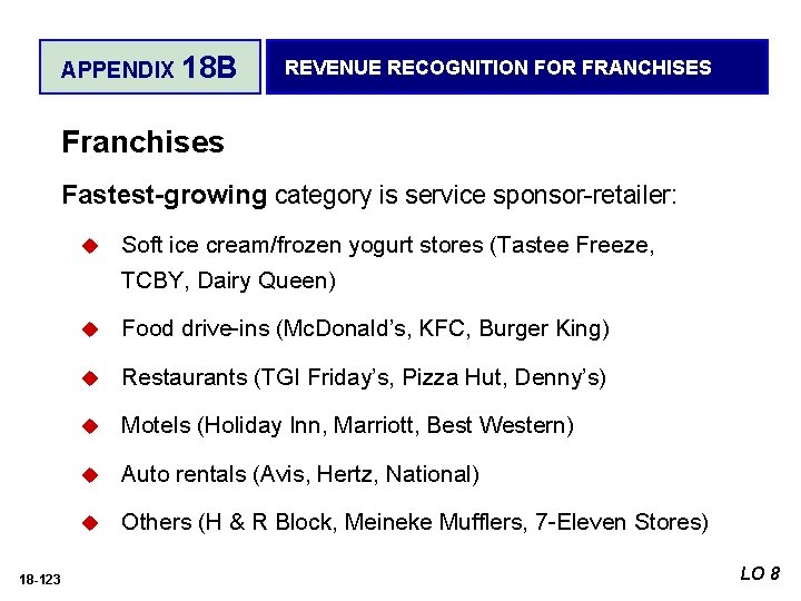 APPENDIX 18 B REVENUE RECOGNITION FOR FRANCHISES Franchises Fastest-growing category is service sponsor-retailer: 18