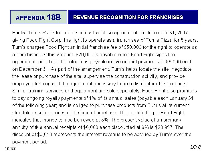 APPENDIX 18 B REVENUE RECOGNITION FOR FRANCHISES Facts: Tum’s Pizza Inc. enters into a