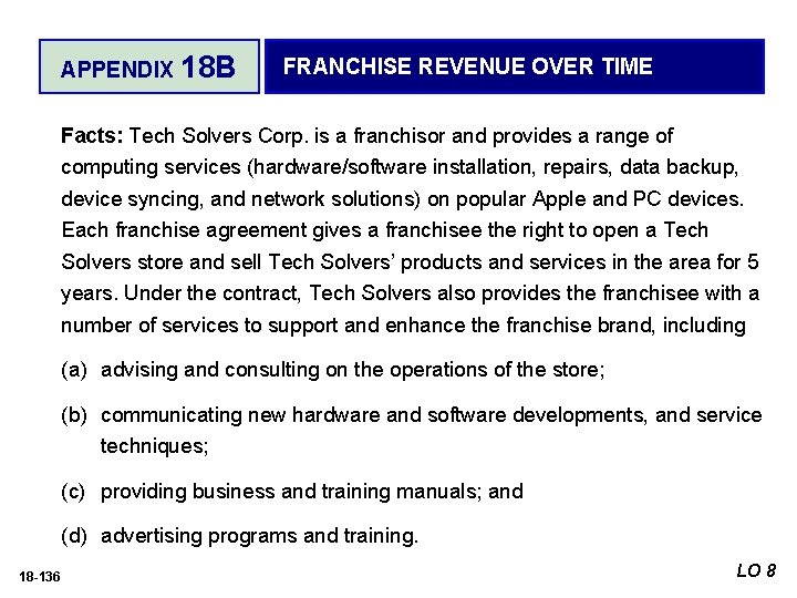 APPENDIX 18 B FRANCHISE REVENUE OVER TIME Facts: Tech Solvers Corp. is a franchisor