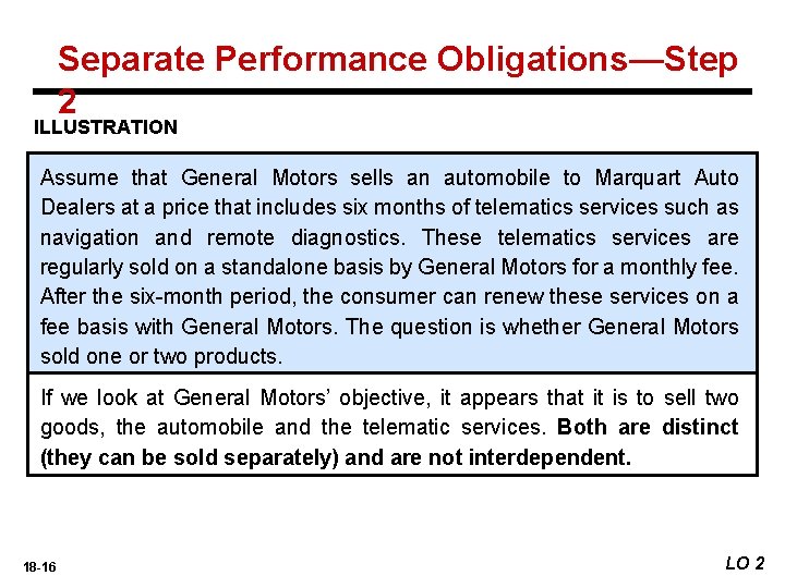 Separate Performance Obligations—Step 2 ILLUSTRATION Assume that General Motors sells an automobile to Marquart