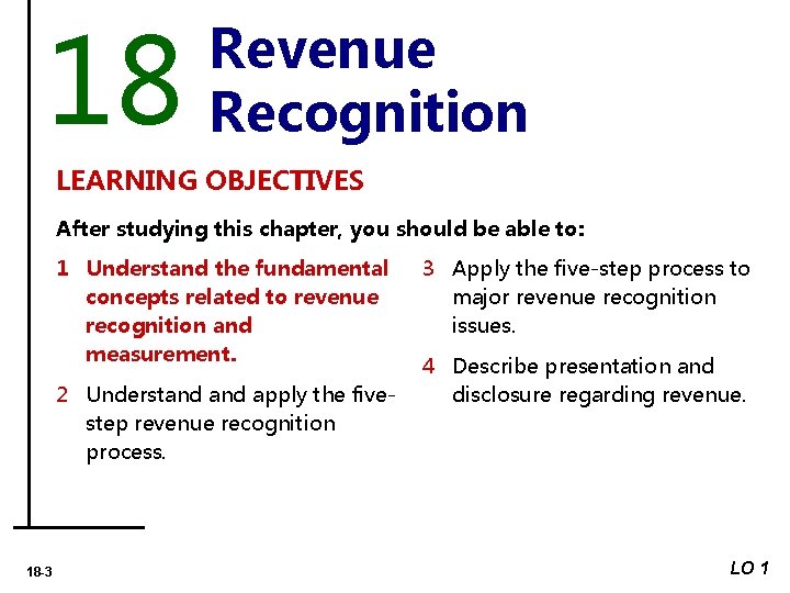 18 Revenue Recognition LEARNING OBJECTIVES After studying this chapter, you should be able to: