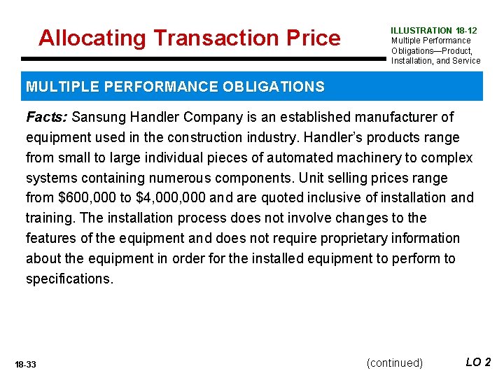 Allocating Transaction Price ILLUSTRATION 18 -12 Multiple Performance Obligations—Product, Installation, and Service MULTIPLE PERFORMANCE