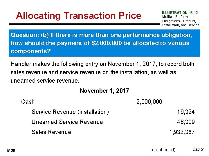 Allocating Transaction Price ILLUSTRATION 18 -12 Multiple Performance Obligations—Product, Installation, and Service Question: (b)