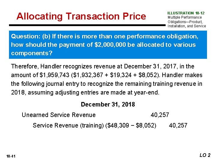 Allocating Transaction Price ILLUSTRATION 18 -12 Multiple Performance Obligations—Product, Installation, and Service Question: (b)