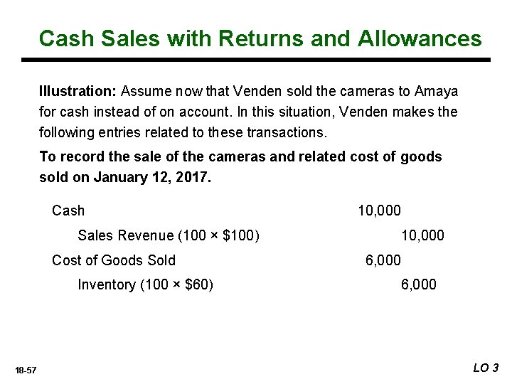 Cash Sales with Returns and Allowances Illustration: Assume now that Venden sold the cameras