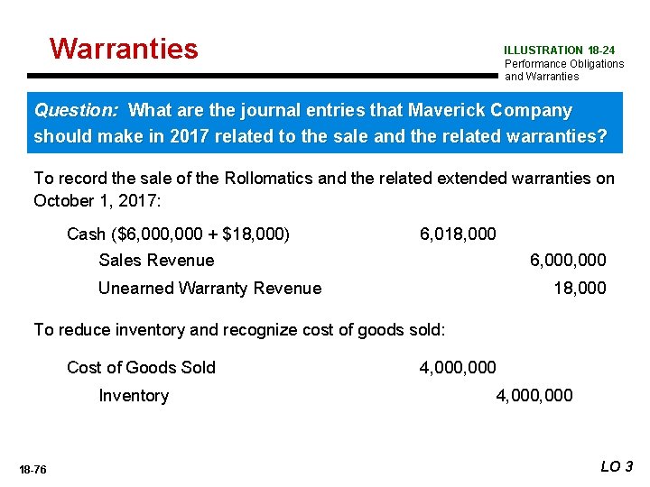 Warranties ILLUSTRATION 18 -24 Performance Obligations and Warranties Question: What are the journal entries